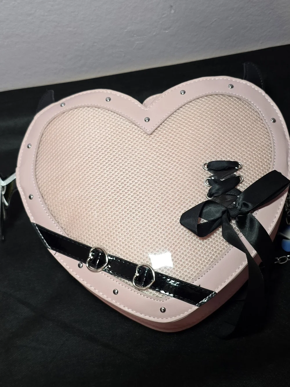 Heart-Shaped Pink Crossbody Bag with Gothic Ribbon Detail